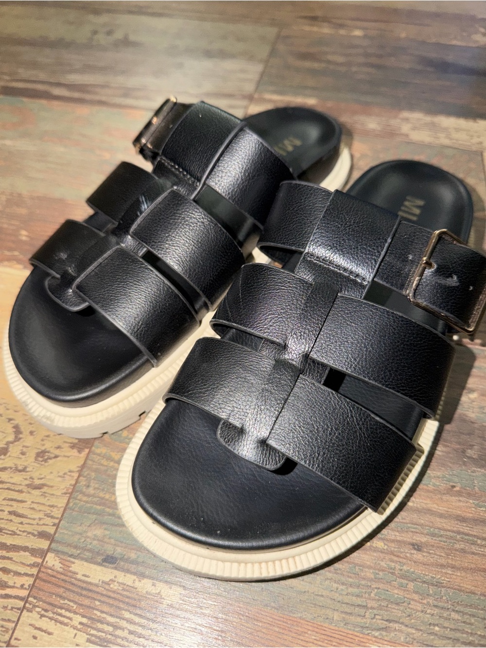 Black Woven Leather Slide Sandals with Cream Sole